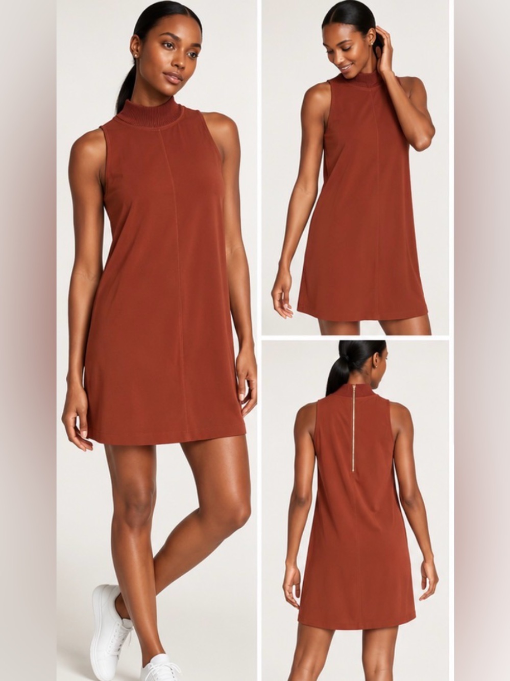 Athleta Initiative Dress M Adirondack Brown Rust Mock Neck Swing Travel #350973